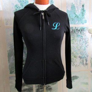 ZIP HOODIE w POCKET, M,  INITIAL "L" TURQUOISE on BLACK COTTON BLEND ONE STEP UP